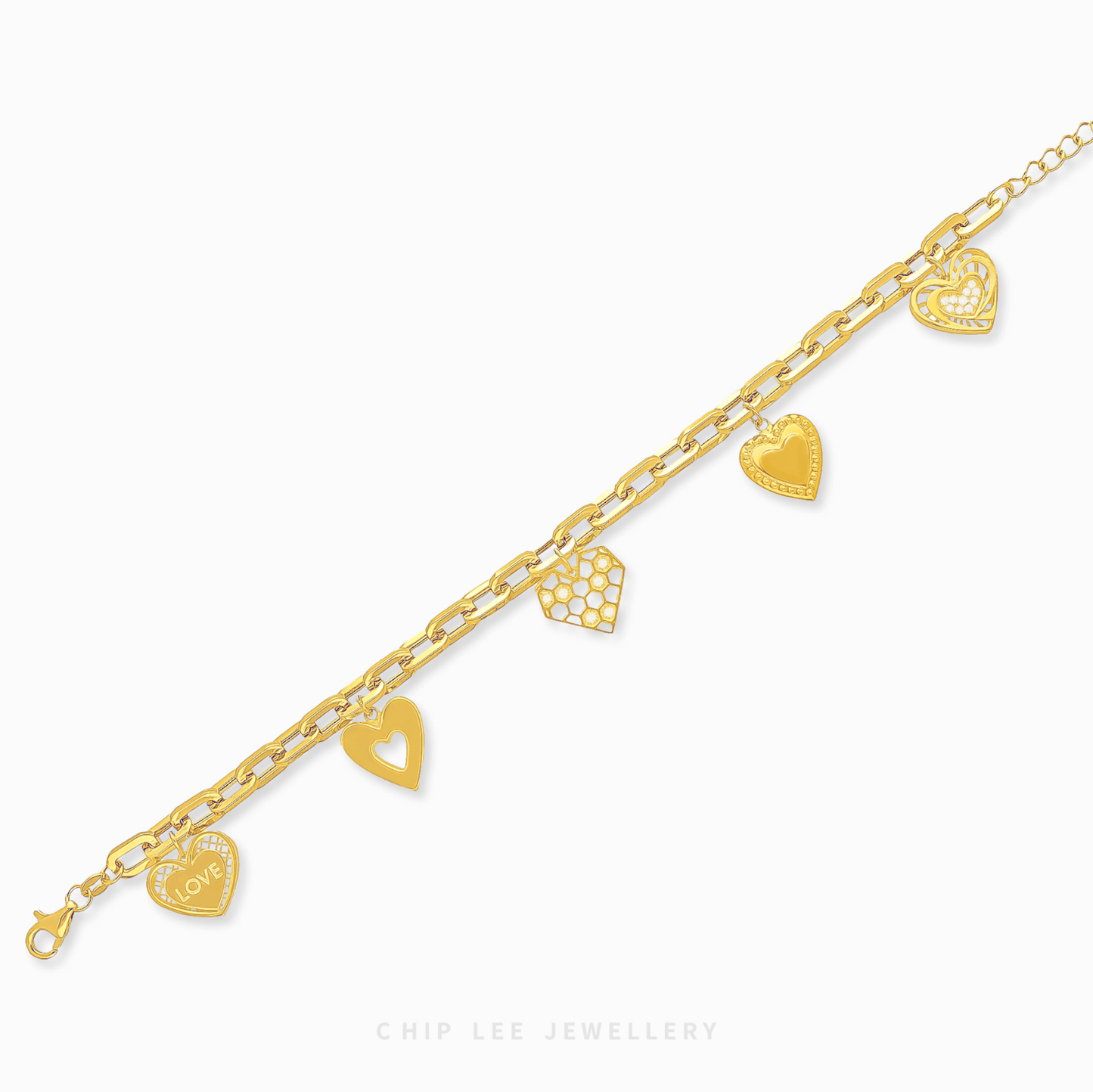 Mixed Heart Charm Bracelet in 916 gold