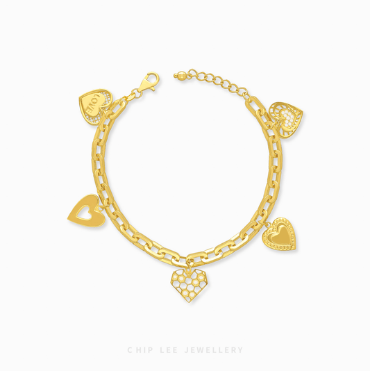 Mixed Heart Charm Bracelet in 916 gold