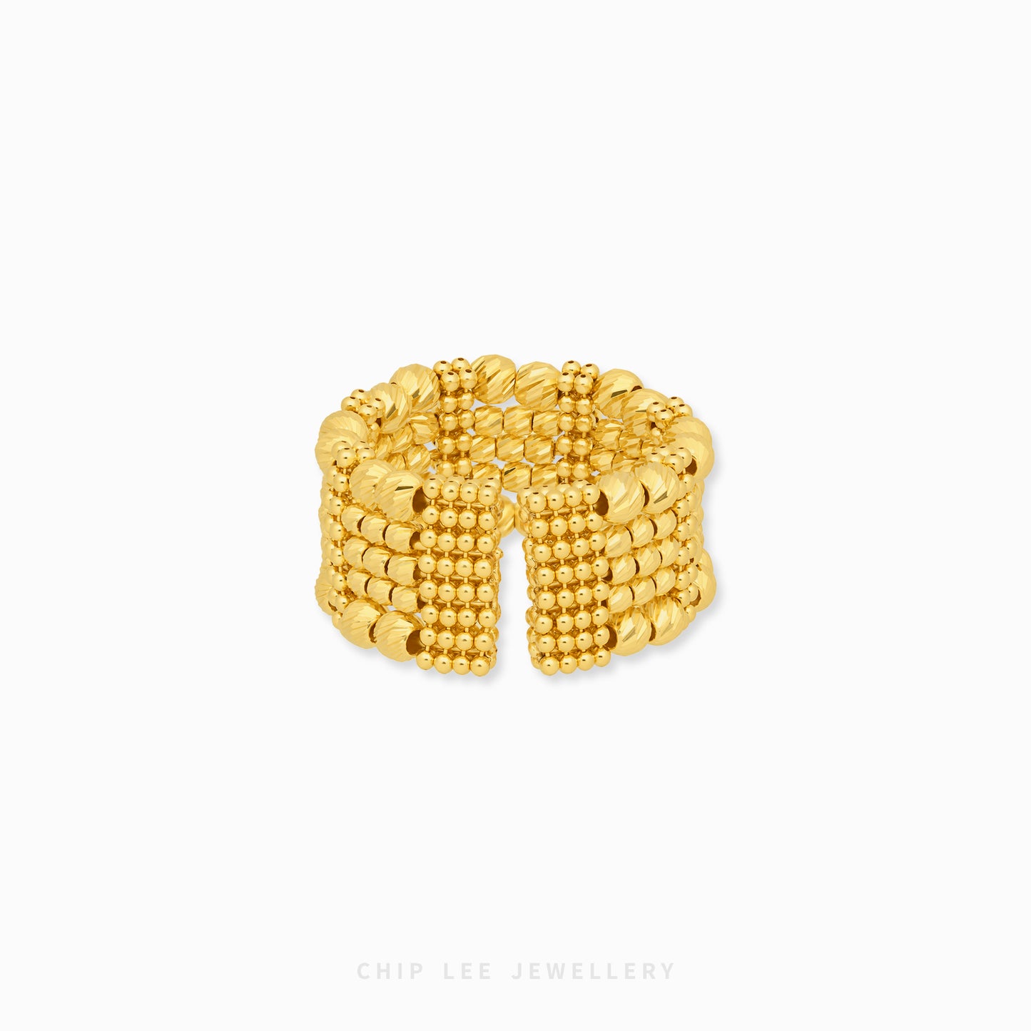 A chunky gold beaded ring with a wide, multi-row textured design, shown on a plain white background with a faint 'CHIP LEE JEWELLERY' watermark at the bottom.