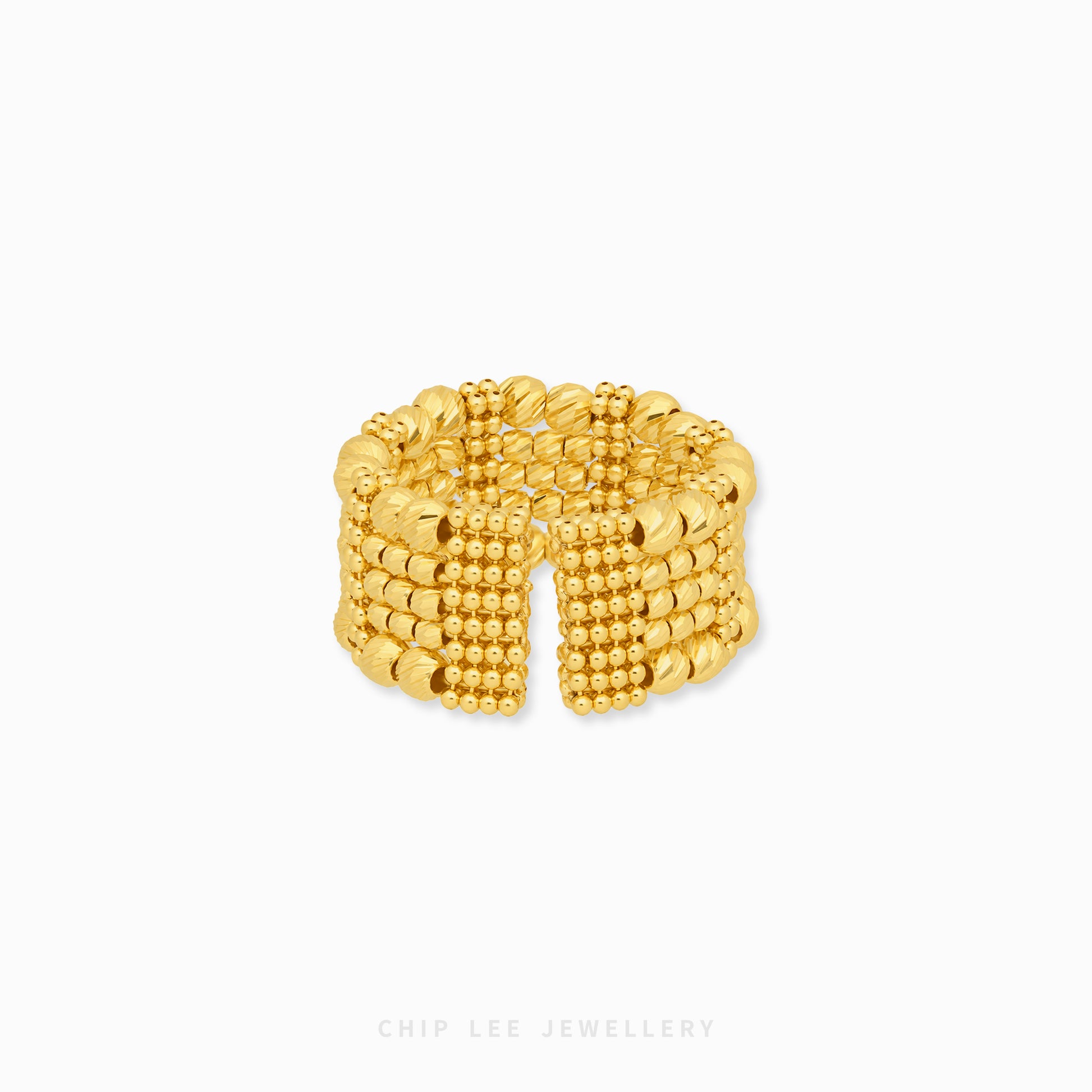 A chunky gold beaded ring with a wide, multi-row textured design, shown on a plain white background with a faint 'CHIP LEE JEWELLERY' watermark at the bottom.