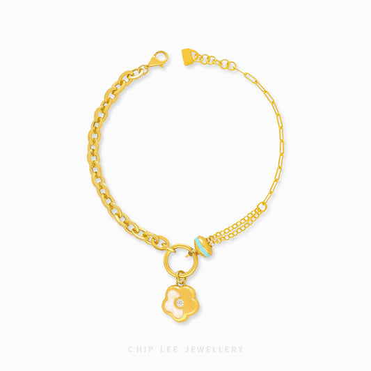 Mother-of-Pearl Enamel Flower Bracelet in solid 916 gold with exquisite floral design, hallmarked in Singapore for certified purity and authenticity.