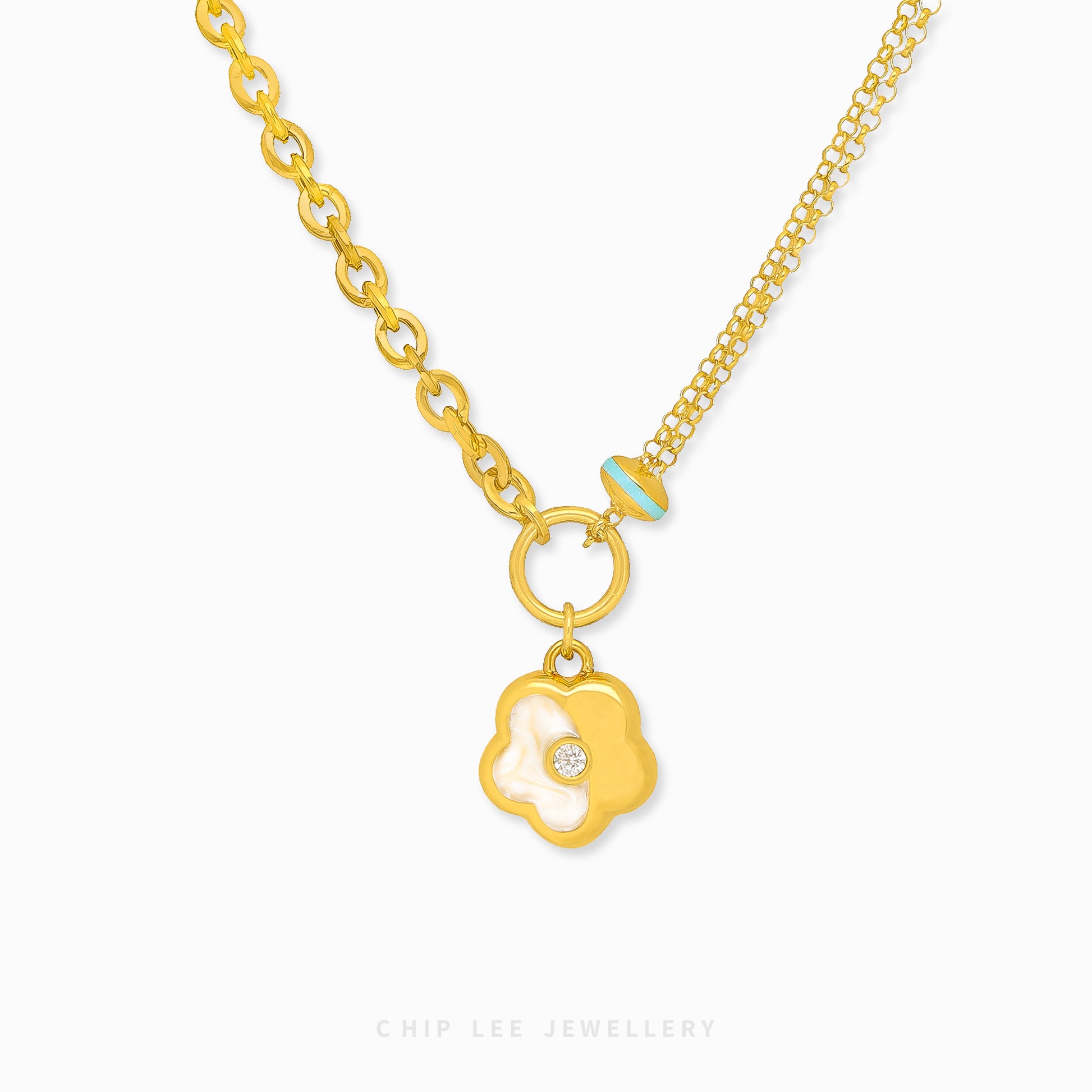 Mother-of-Pearl Enamel Flower Necklace in solid 916 gold with exquisite floral design, hallmarked in Singapore for certified purity and 
authenticity.