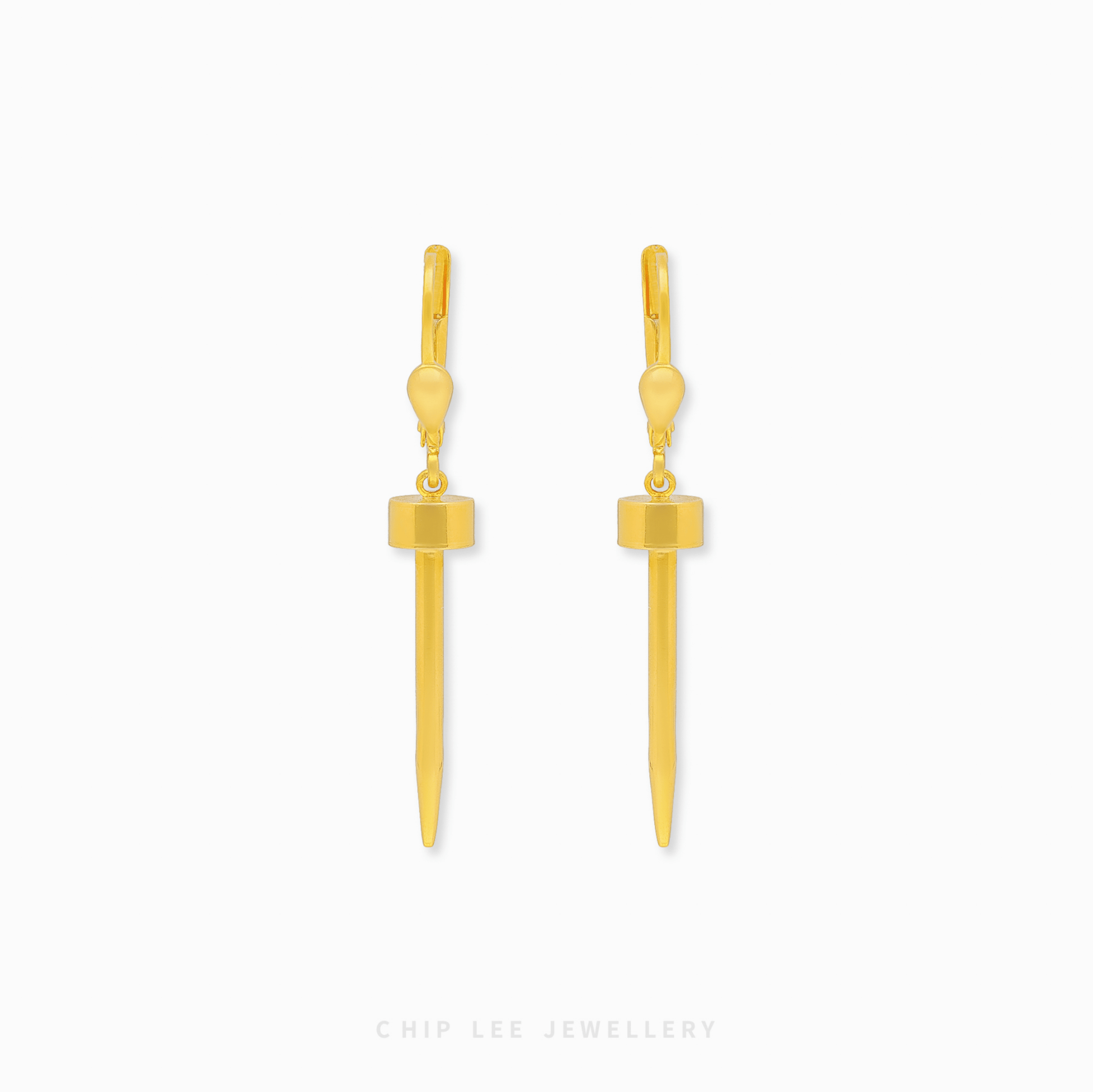Gold spike earrings on a white background with 'Chip Lee Jewellery' branding.