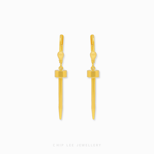 Gold spike earrings on a white background with 'Chip Lee Jewellery' branding.