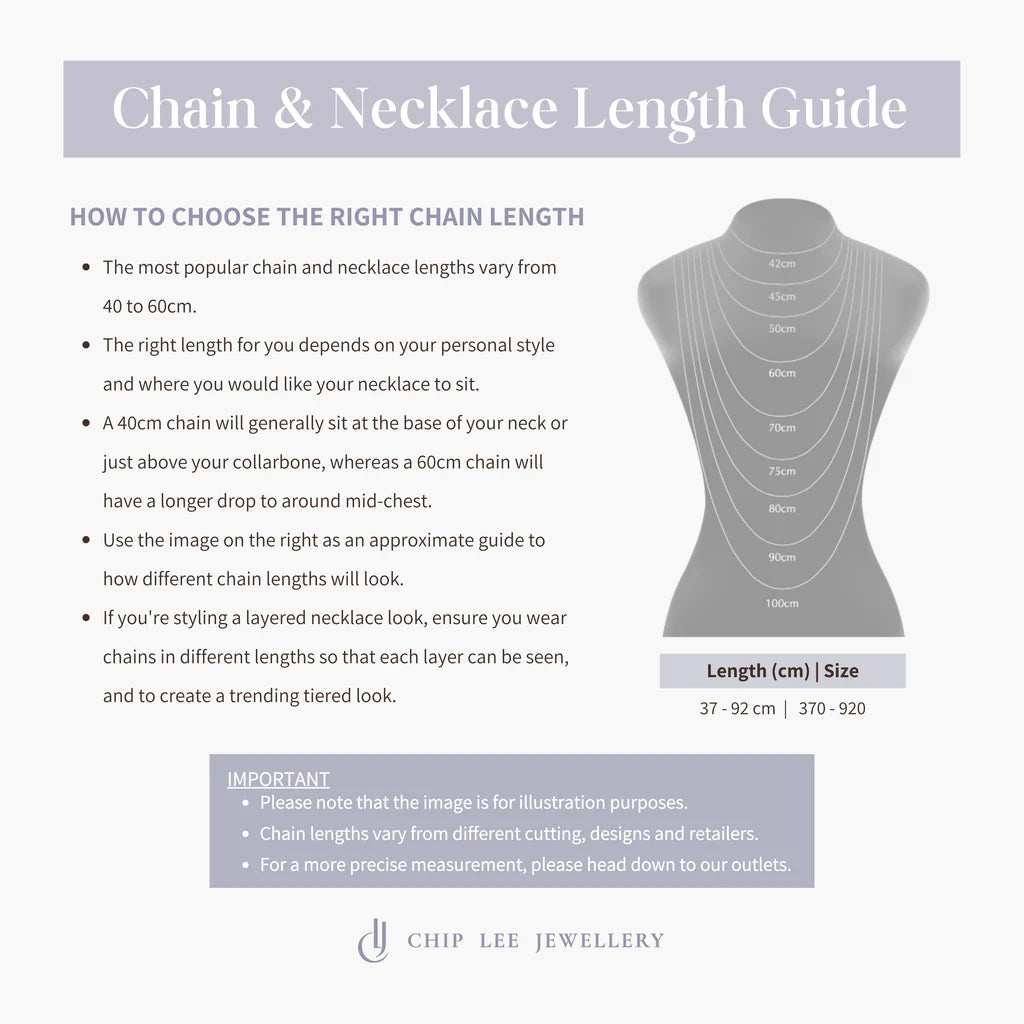 Necklace size chart for Chip Lee Jewellery 916 gold necklaces, helping customers choose the ideal length for certified gold jewellery.