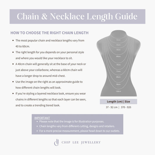 Necklace size chart for Chip Lee Jewellery gold necklaces for customers choose the ideal length for certified gold jewellery.