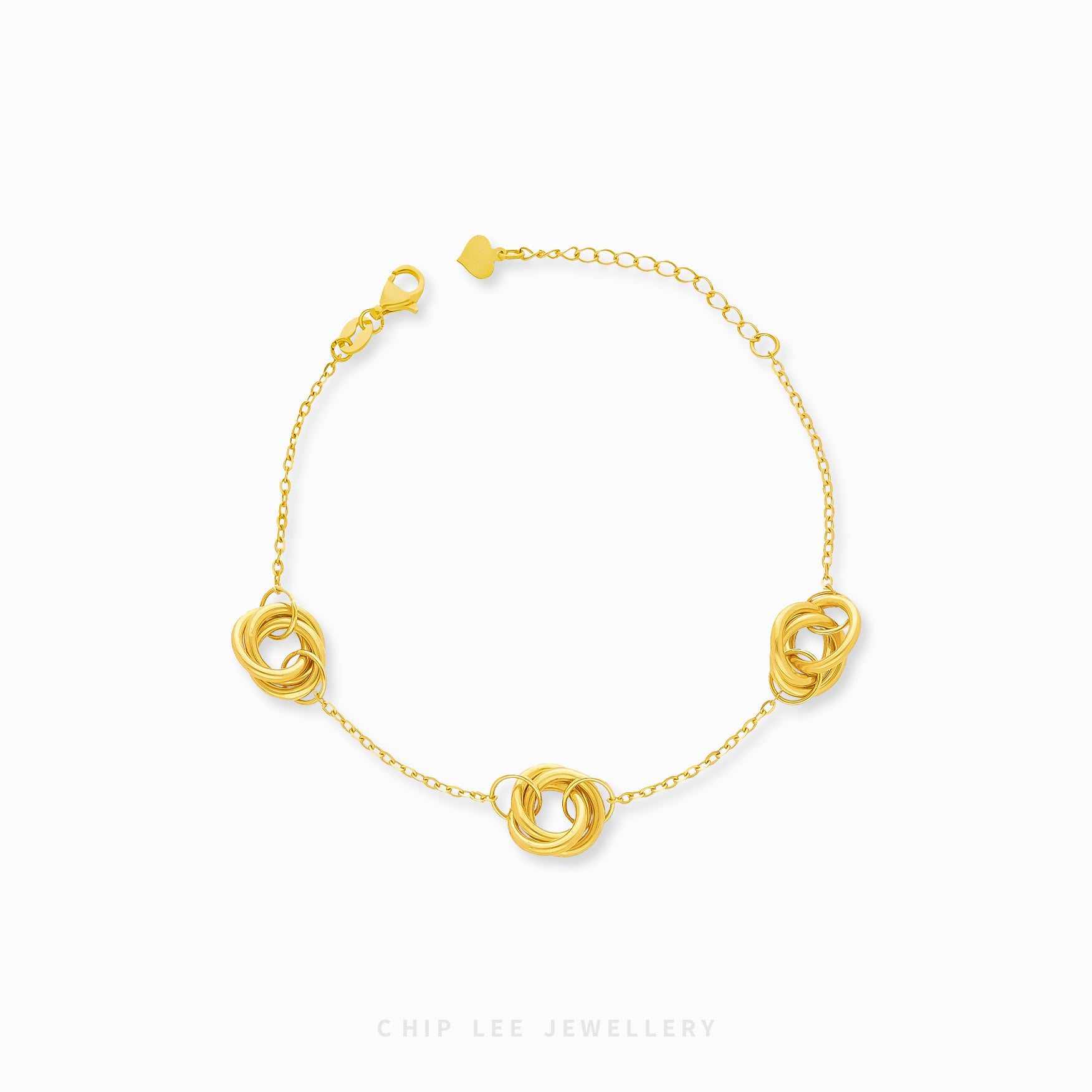 A gold bracelet featuring a series of trinity loop designs on a chain-link band with a clasp.