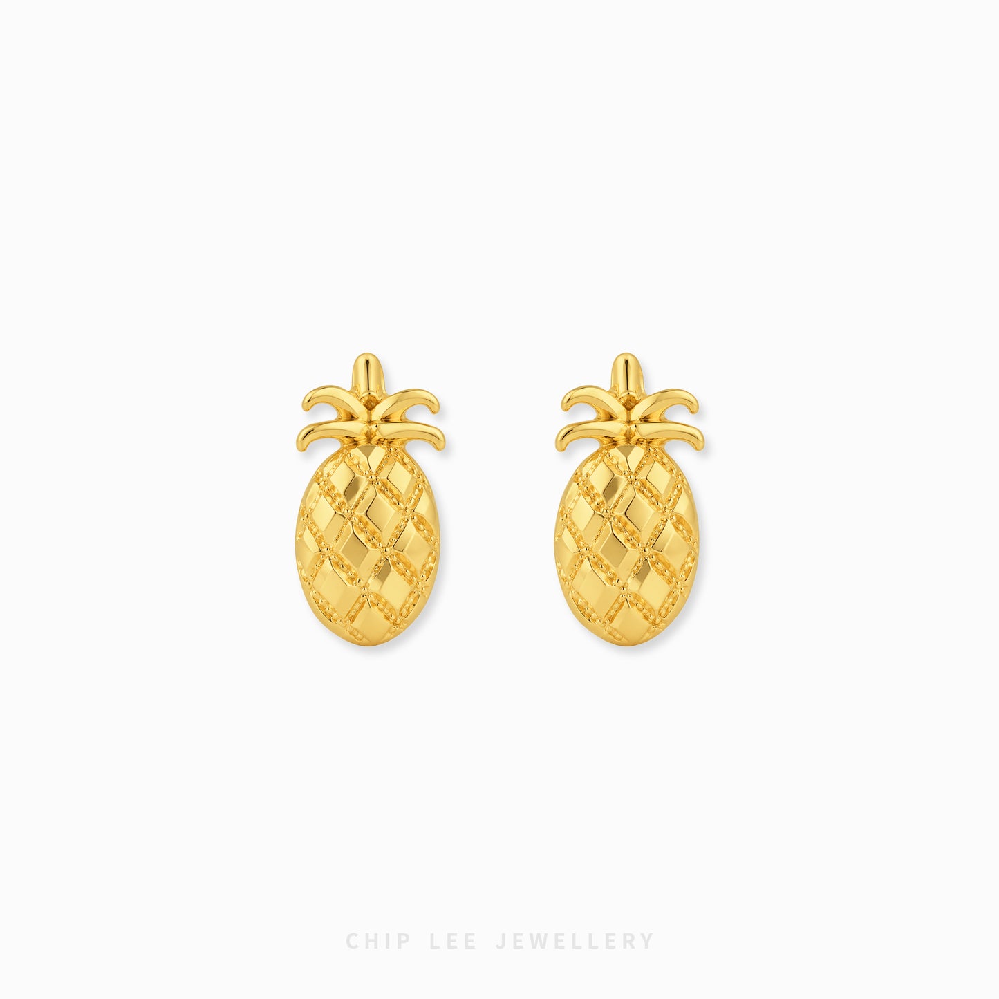 A pair of gold pineapple stud earrings with a textured diamond-patterned body and leafy tops, shown on a clean white background with the brand name 'CHIP LEE JEWELLERY' at the bottom.
