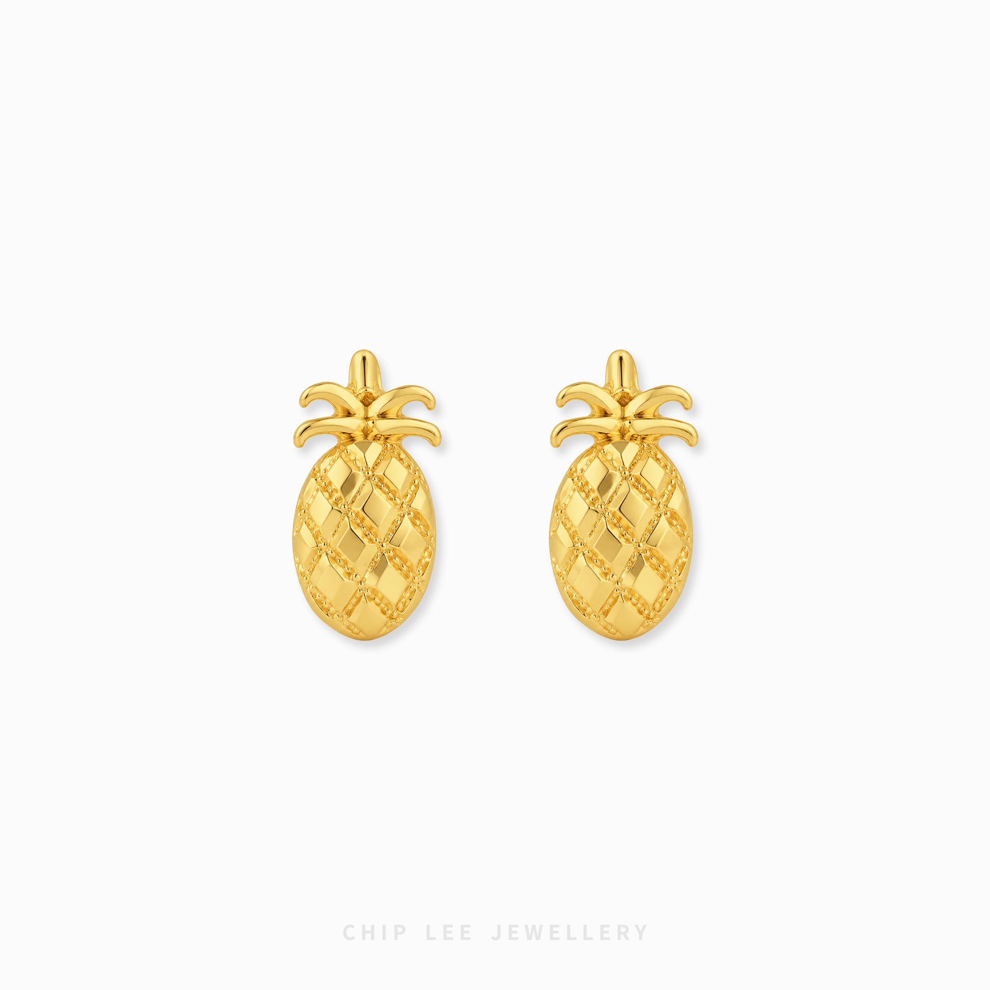 A pair of gold pineapple stud earrings with a textured diamond-patterned body and leafy tops, shown on a clean white background with the brand name 'CHIP LEE JEWELLERY' at the bottom.