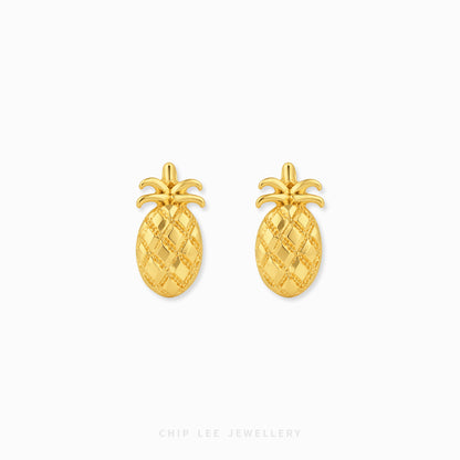 A pair of gold pineapple stud earrings with a textured diamond-patterned body and leafy tops, shown on a clean white background with the brand name 'CHIP LEE JEWELLERY' at the bottom.