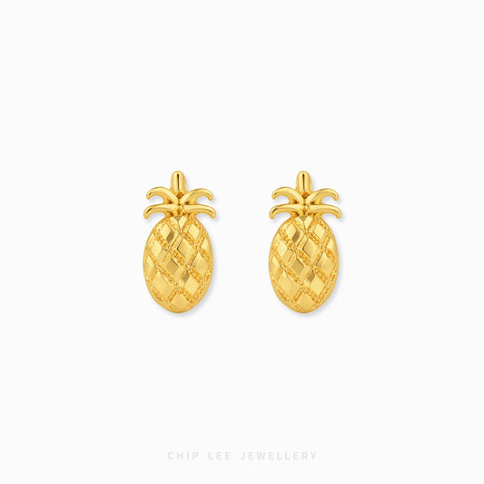 A pair of gold pineapple stud earrings with a textured diamond-patterned body and leafy tops, shown on a clean white background with the brand name 'CHIP LEE JEWELLERY' at the bottom.