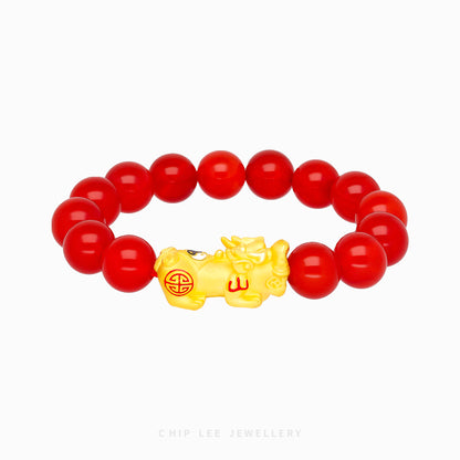 999 Pure Gold Yin Yang Red Agate Pixiu Bracelet