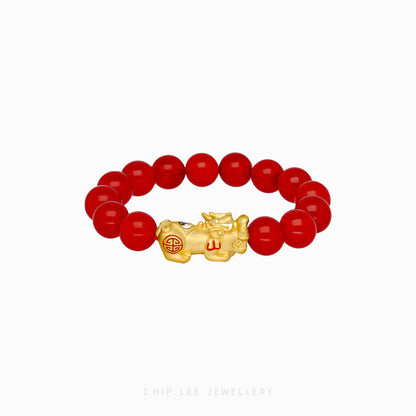 999 Pure Gold Yin Yang Red Agate Pixiu Bracelet
