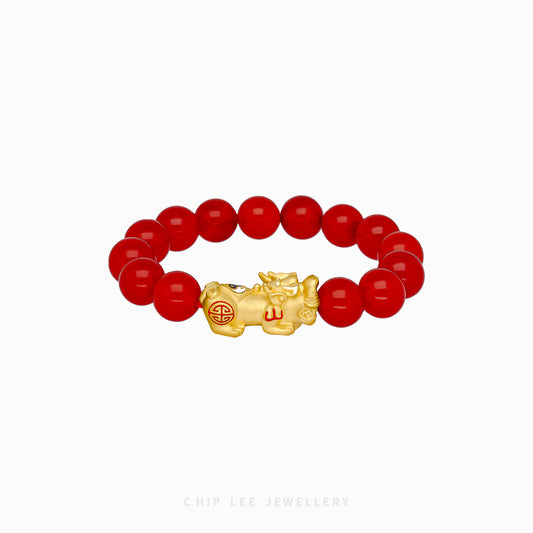 999 Pure Gold Yin Yang Red Agate Pixiu Bracelet