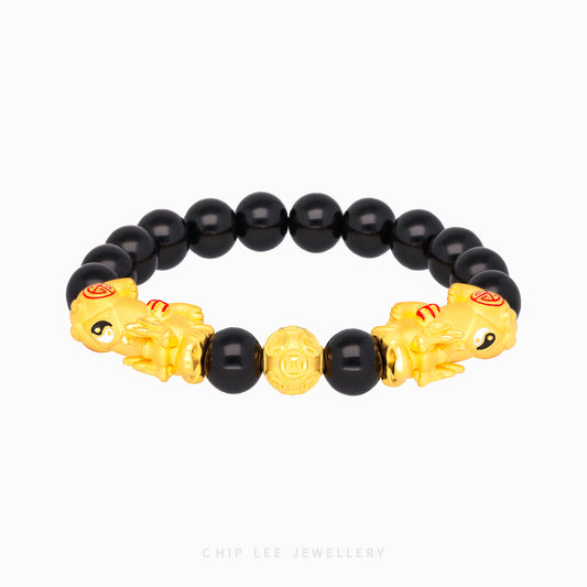 999 Pure Gold Duo Yin Yang Black Agate Pixiu Bracelet