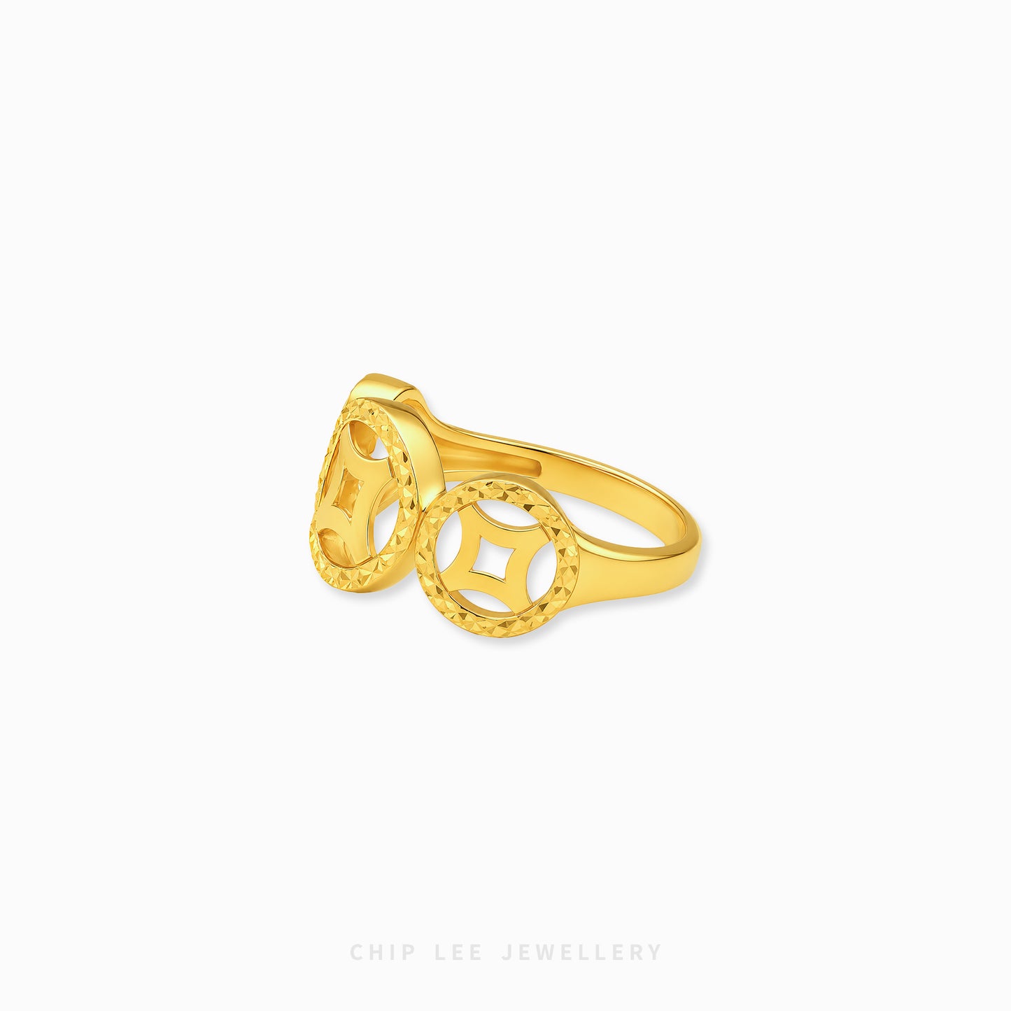A gold ring featuring three interlocking Chinese copper money symbols, shown on a clean white background with the brand name 'CHIP LEE JEWELLERY' printed at the bottom.