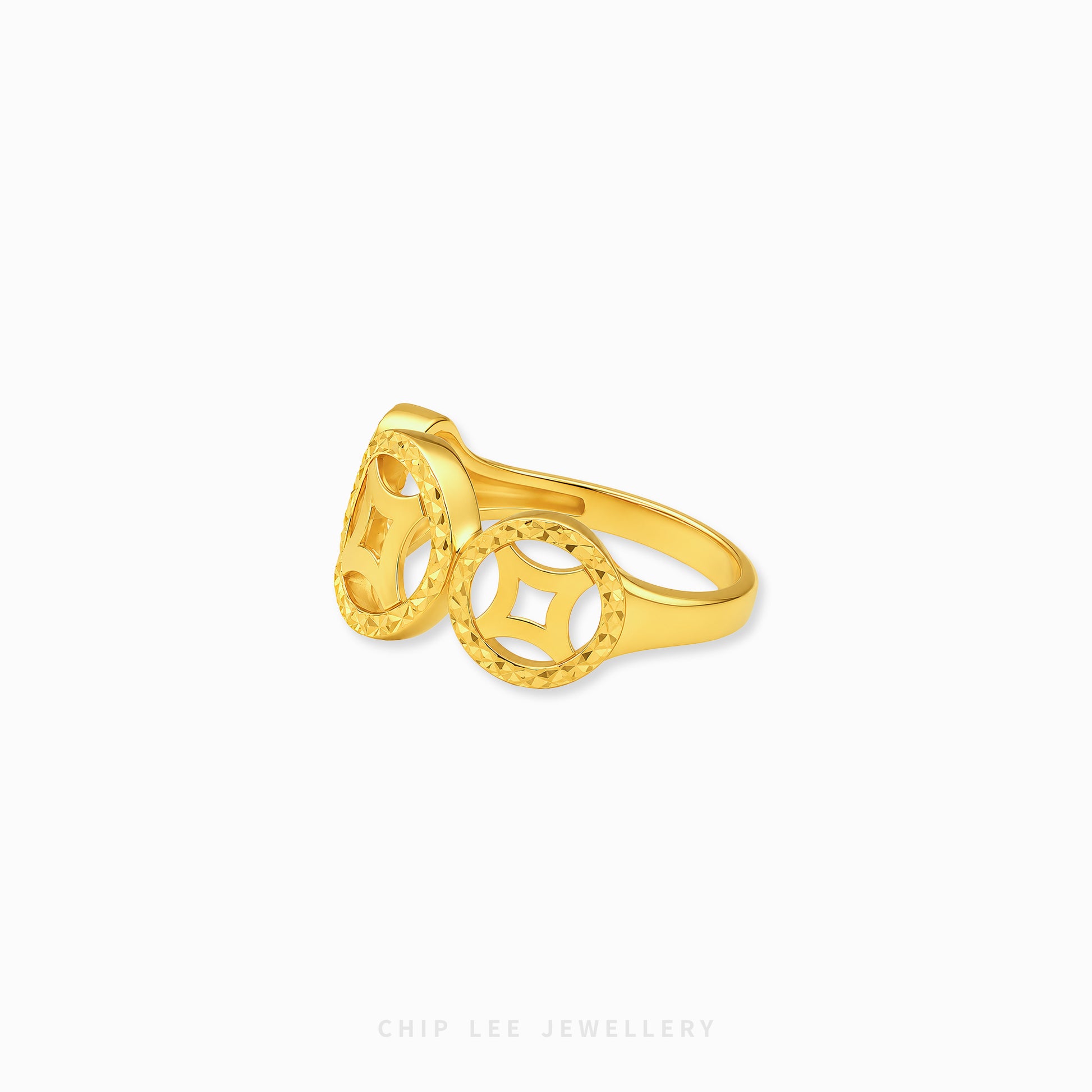 A gold ring featuring three interlocking Chinese copper money symbols, shown on a clean white background with the brand name 'CHIP LEE JEWELLERY' printed at the bottom.
