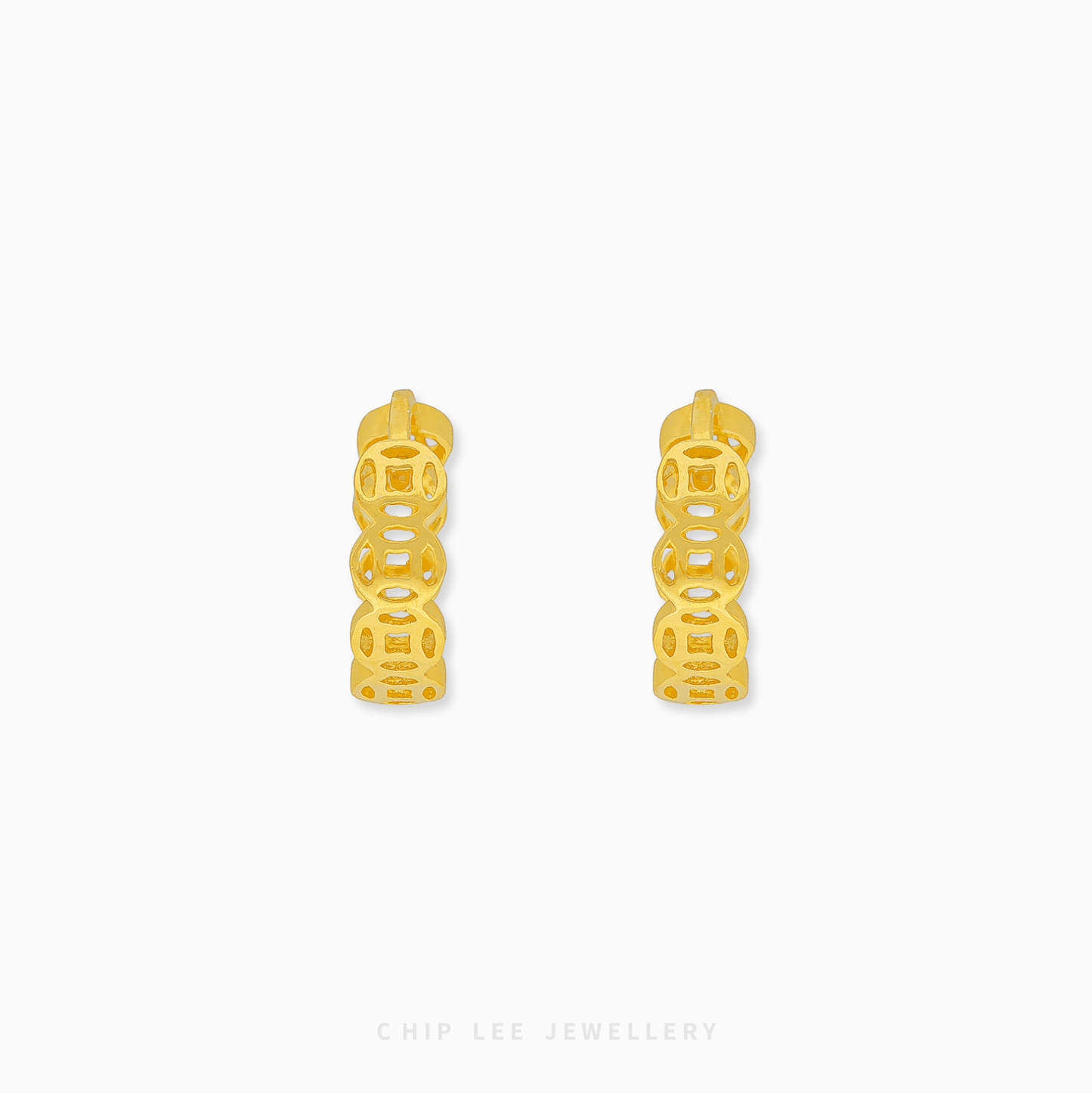 916 Gold Prosperity Coin Hoop Earrings featuring traditional coin motifs and a high-polish finish for a luxury statement.