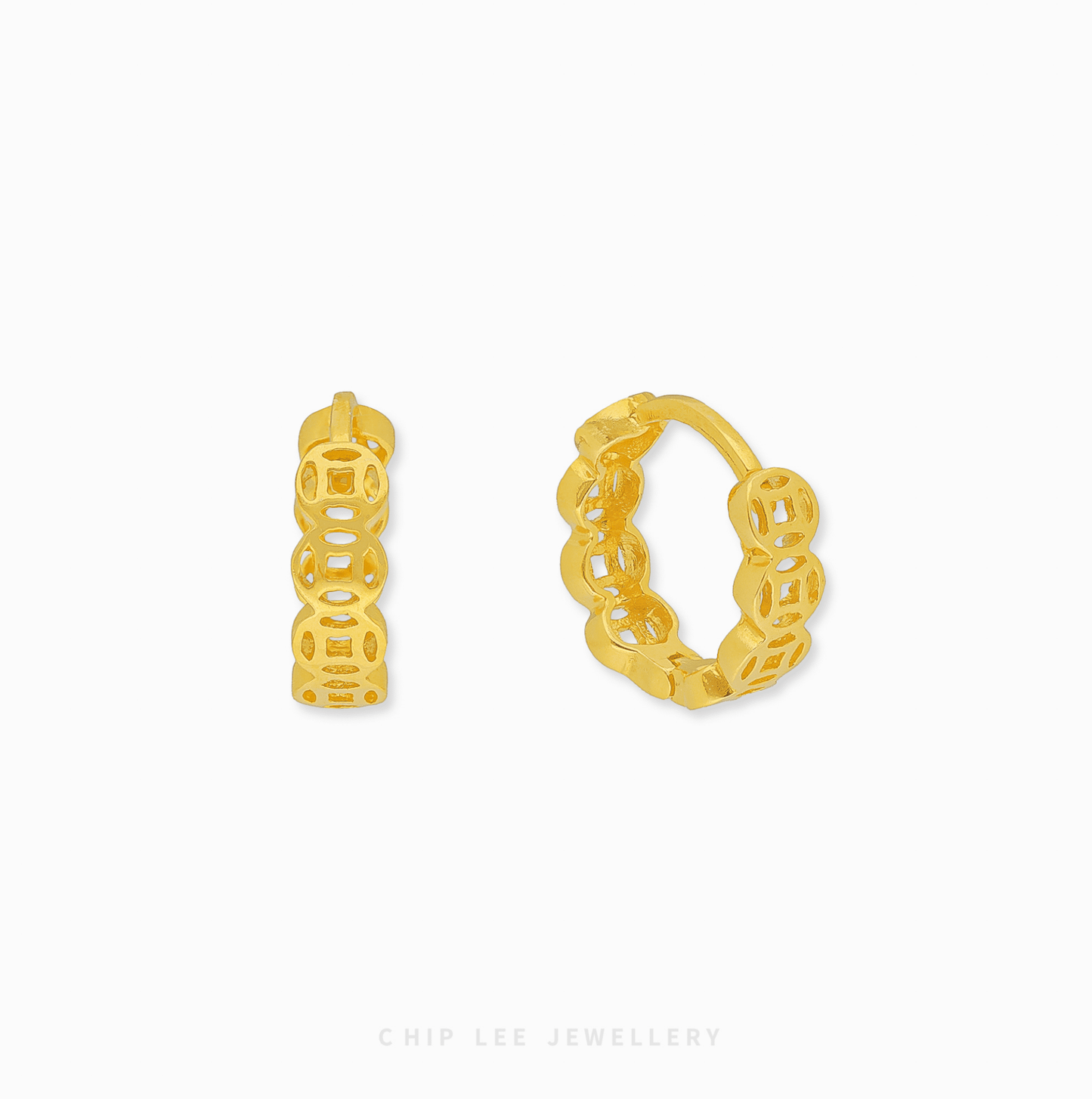 916 Gold Prosperity Coin Hoop Earrings featuring traditional coin motifs and a high-polish finish for a luxury statement.