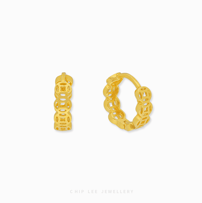 916 Gold Prosperity Coin Hoop Earrings featuring traditional coin motifs and a high-polish finish for a luxury statement.