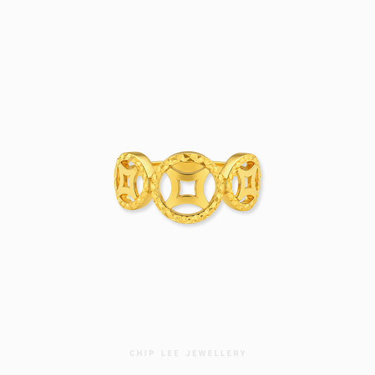 A gold ring featuring three interlocking Chinese copper money symbols, shown on a clean white background with the brand name 'CHIP LEE JEWELLERY' printed at the bottom.