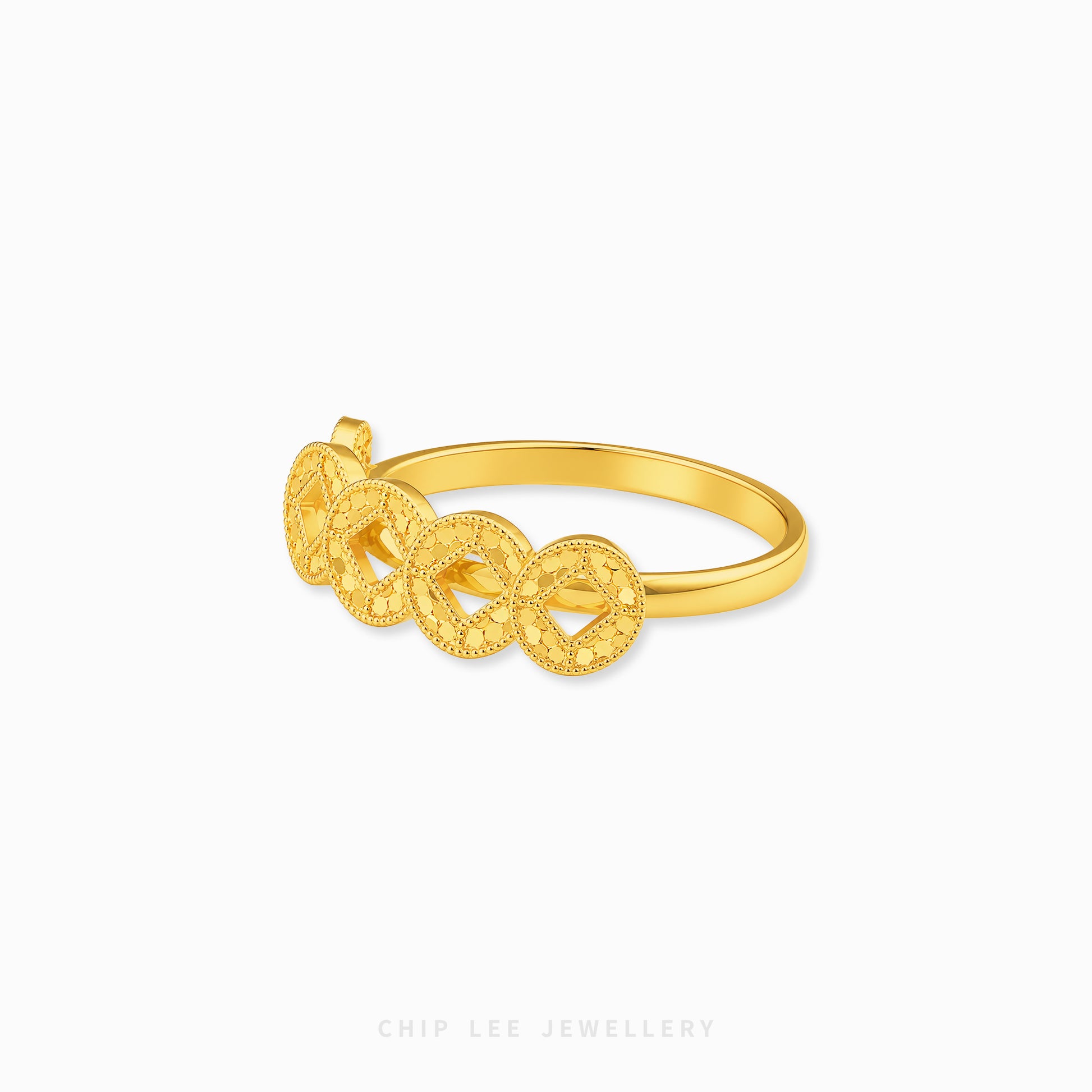 A gold ring featuring three interlocking circular medallion motifs with textured detailing, shown on a clean white background with the brand name 'CHIP LEE JEWELLERY' at the bottom.