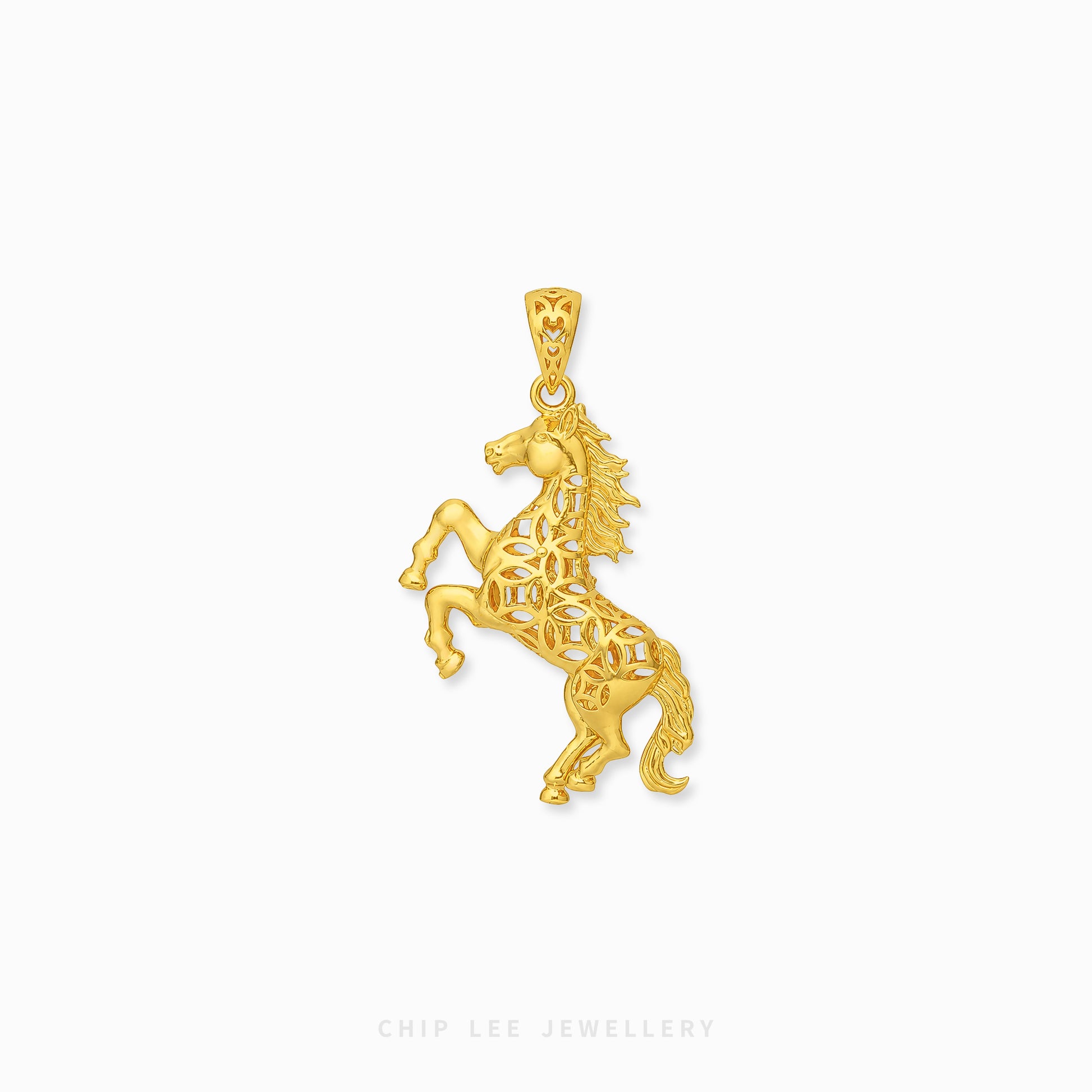 A gold horse pendant with an openwork, filigree design, shown on a clean white background with a brand watermark at the bottom.