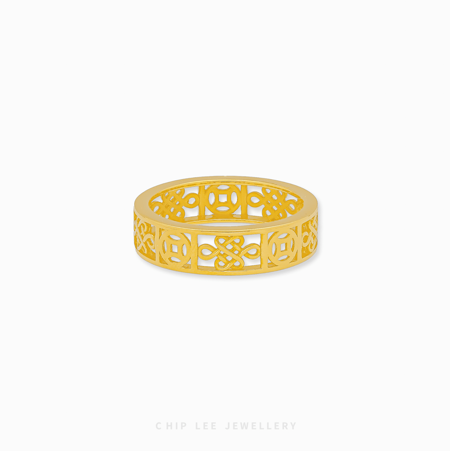 916 Gold Prosperity and Abundance Ring featuring intricate symbolic carvings and a luxurious high-polish yellow gold finish.