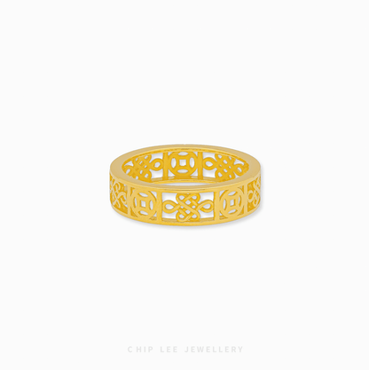 916 Gold Prosperity and Abundance Ring featuring intricate symbolic carvings and a luxurious high-polish yellow gold finish.