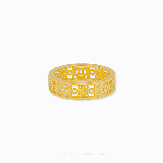 916 Gold Prosperity and Abundance Ring featuring intricate symbolic carvings and a luxurious high-polish yellow gold finish.