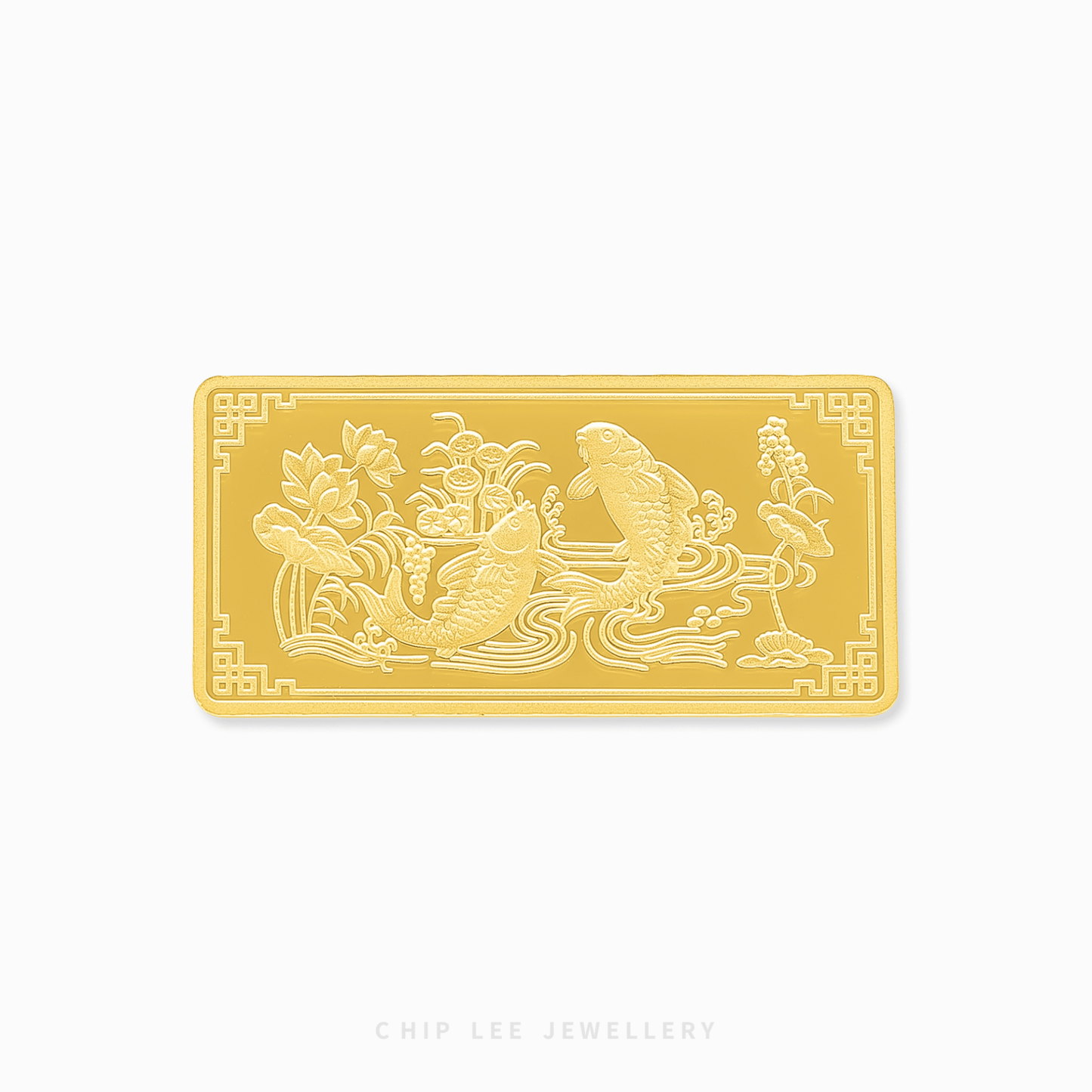Gold bar with intricate designs on a white background, featuring the brand 'Chip Lee Jewellery'.
