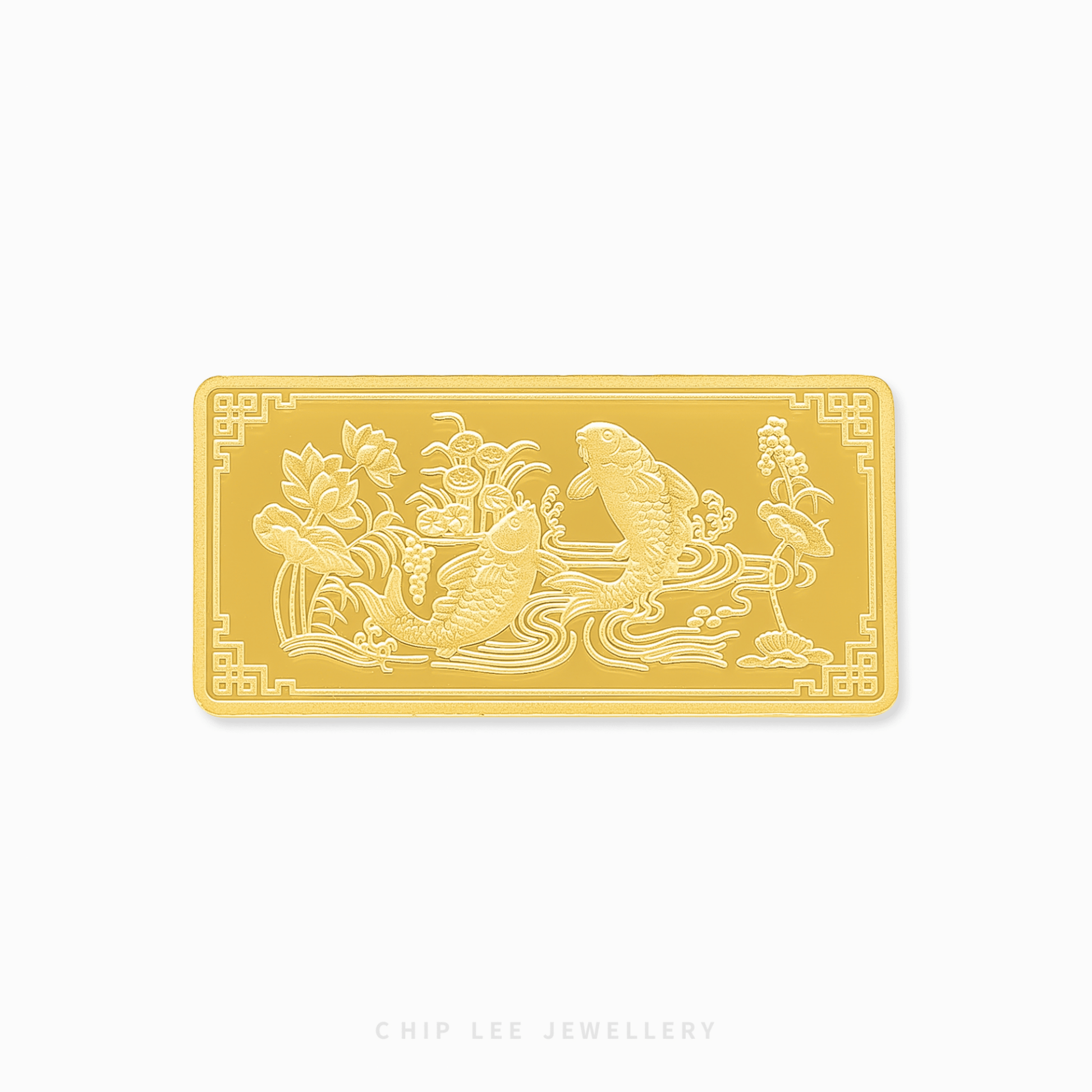 Gold bar with intricate designs on a white background, featuring the brand 'Chip Lee Jewellery'.