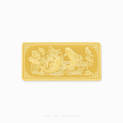 Gold bar with intricate designs on a white background, featuring the brand 'Chip Lee Jewellery'.