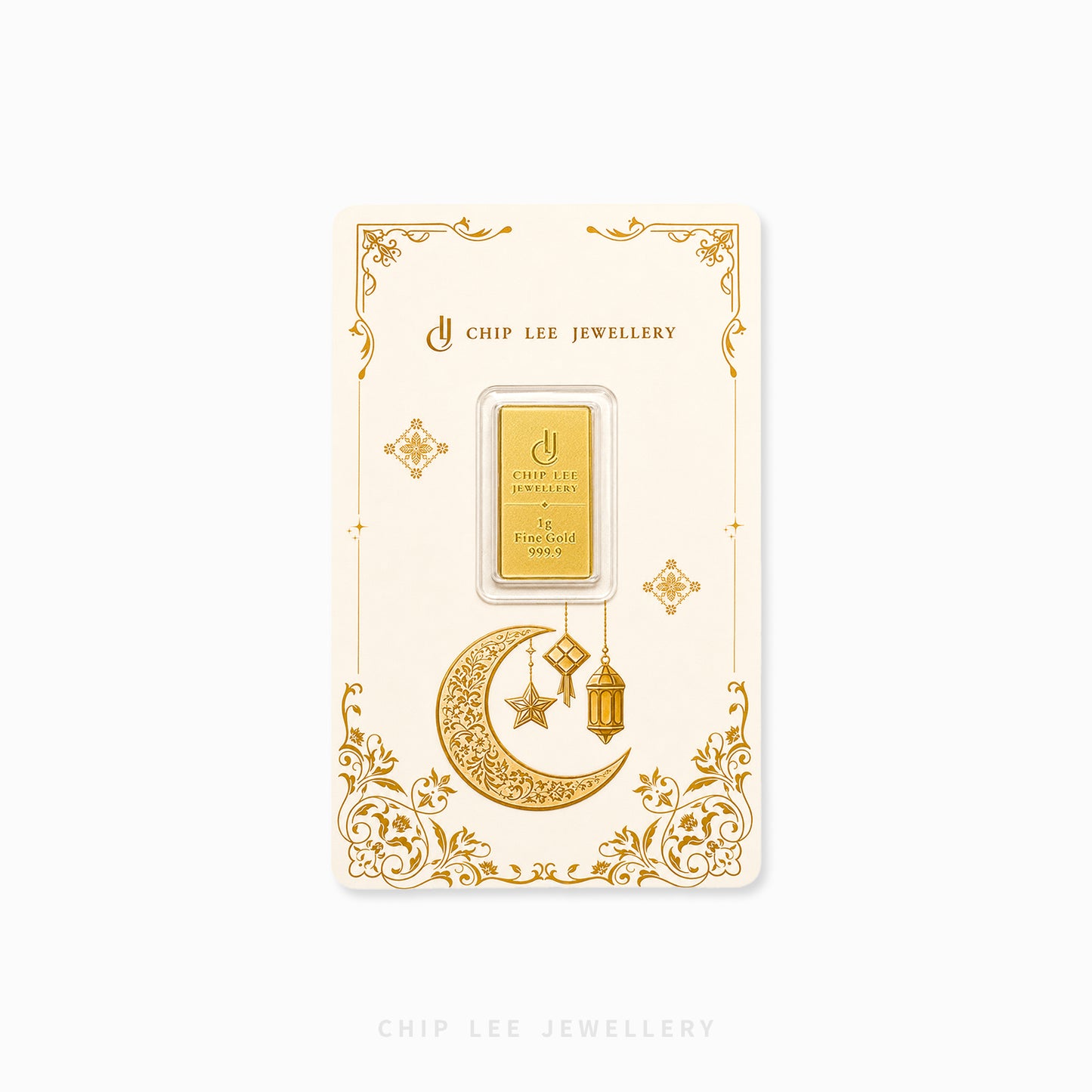 A gold-plated rectangular chip card with decorative gold floral borders and a crescent moon, star, and lantern illustration, featuring a small central clear window holding a gold bar. The card is branded CHIP LEE JEWELLERY.