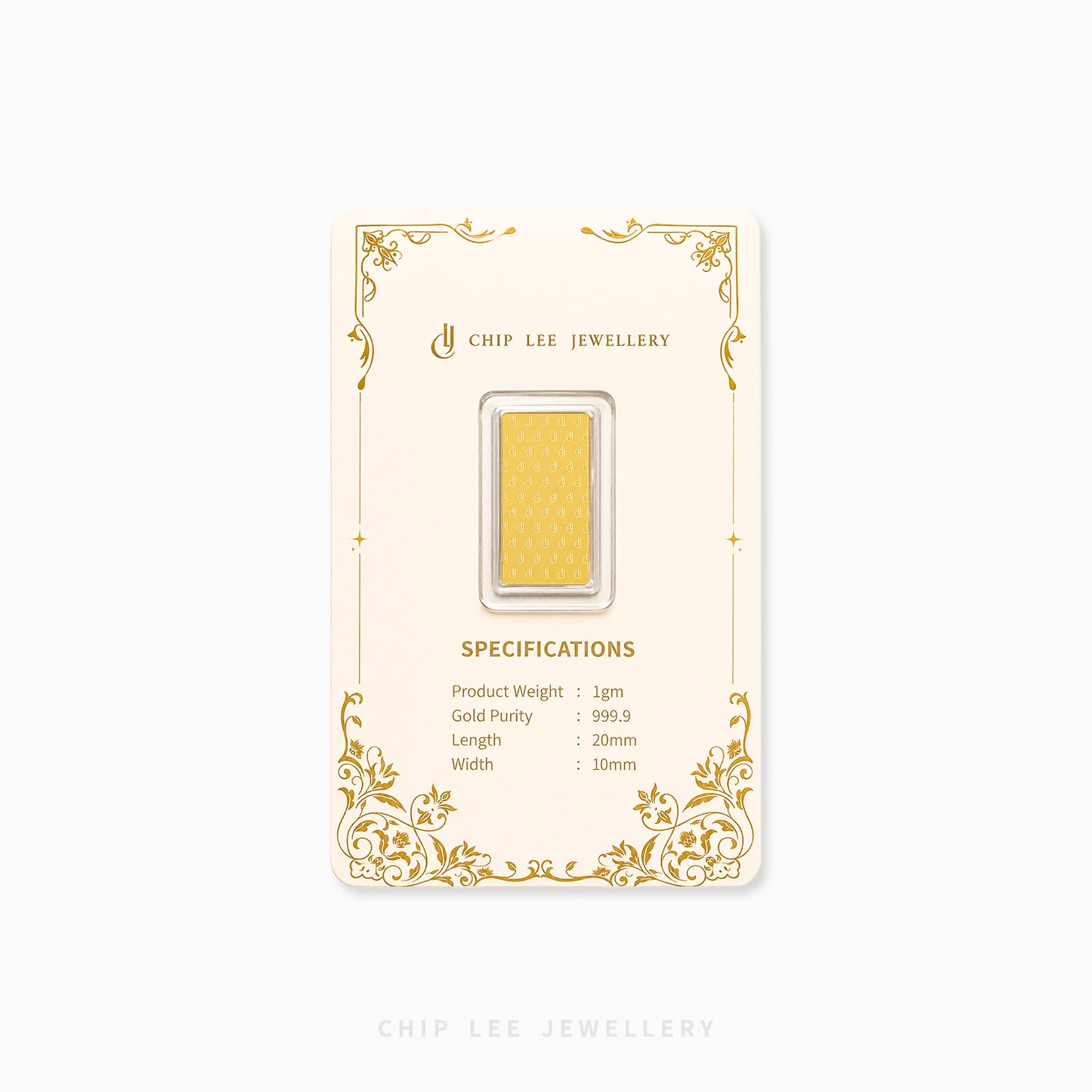 A gold bar jewelry piece in a clear plastic capsule, mounted on a cream-colored display card with gold decorative borders and specifications printed on it. The brand name 'CHIP LEE JEWELLERY' is visible on the card.
