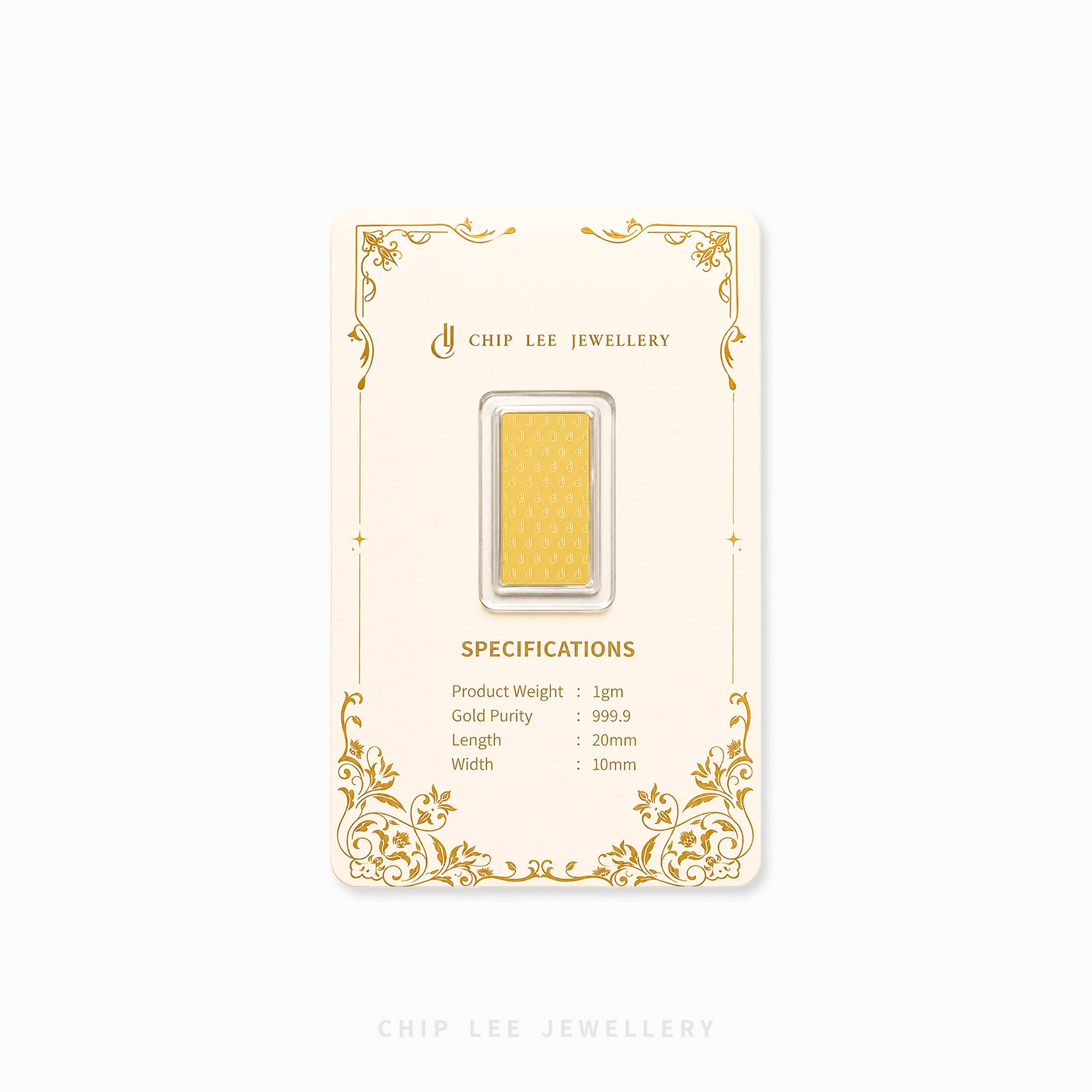 A gold bar jewelry piece in a clear plastic capsule, mounted on a cream-colored display card with gold decorative borders and specifications printed on it. The brand name 'CHIP LEE JEWELLERY' is visible on the card.