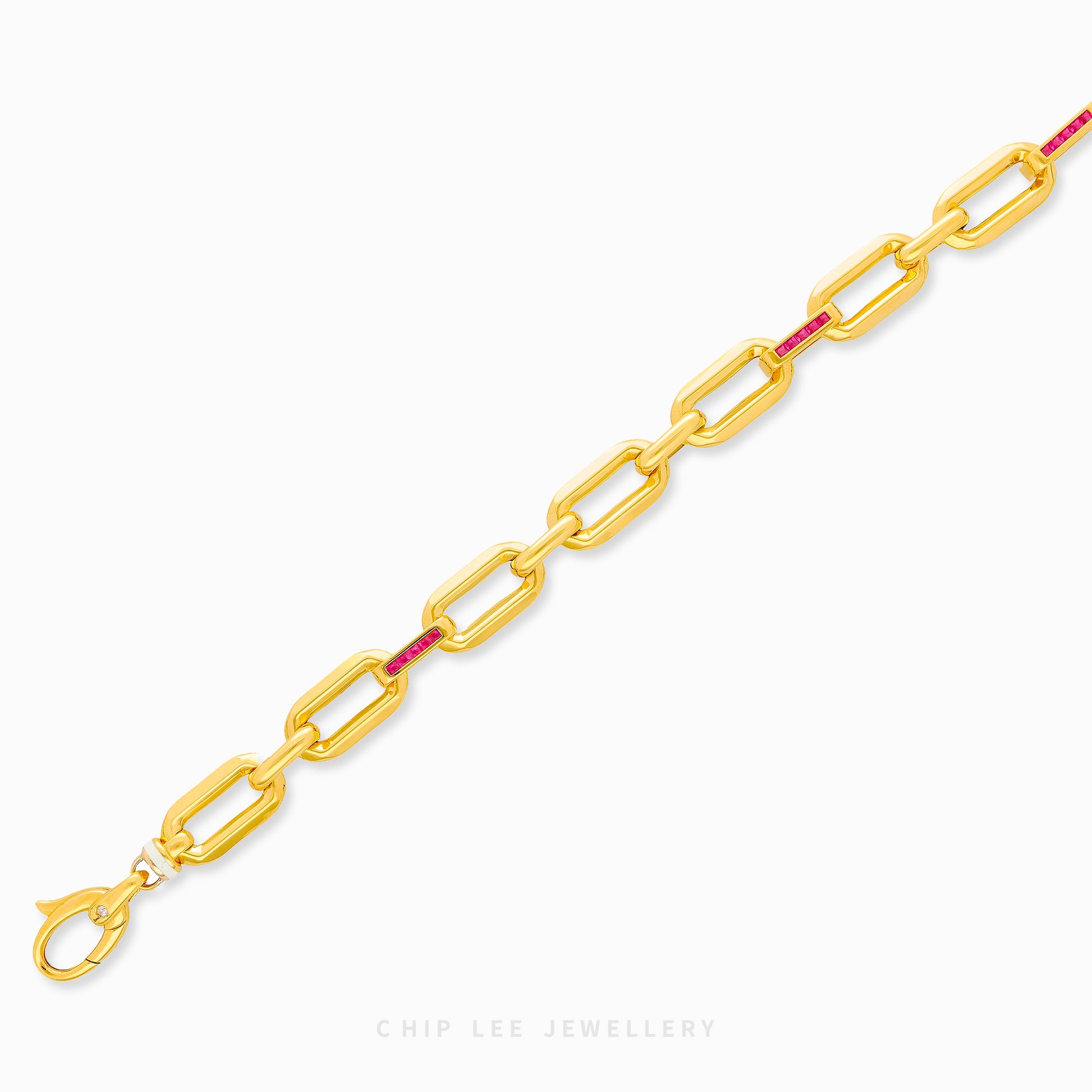 916 gold link bracelet with red cubic zirconia. Hallmarked by Singapore Assay Office for certified purity and authenticity.