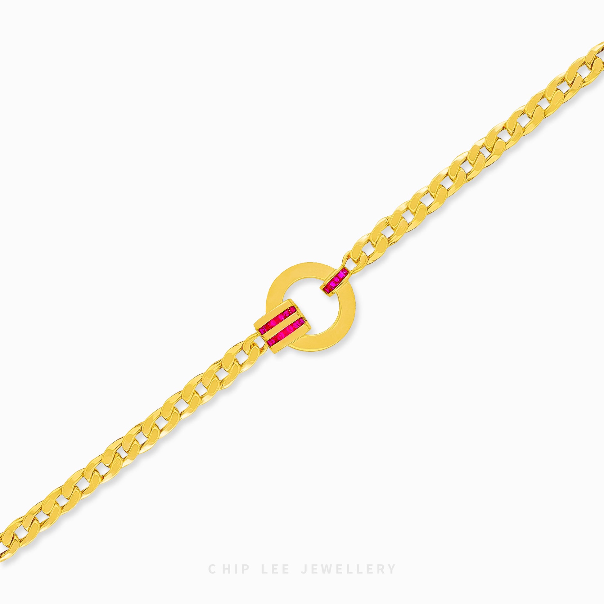 916 gold circular chain bracelet with red cubic zirconia. Hallmarked by Singapore Assay Office for certified purity and authenticity.