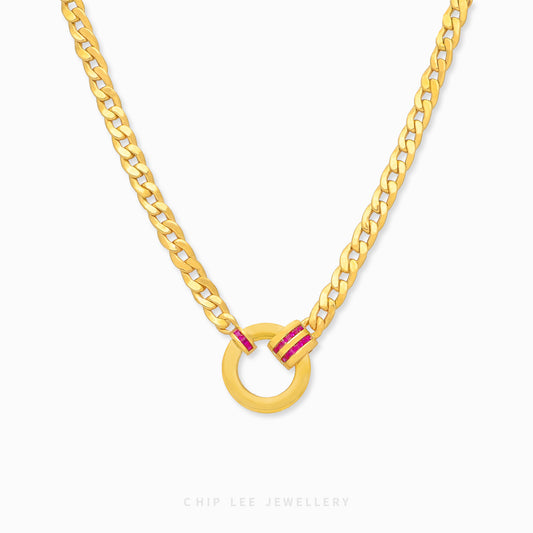 Lightweight and elegant solid 916 gold circular chain necklace with red cubic zirconia design. Hallmarked by Singapore Assay Office for certified purity and authenticity.