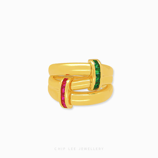 Bold 916 gold ring featuring ruby and emerald tone cubic zirconia design. Hallmarked by Singapore Assay Office for certified purity and authenticity.