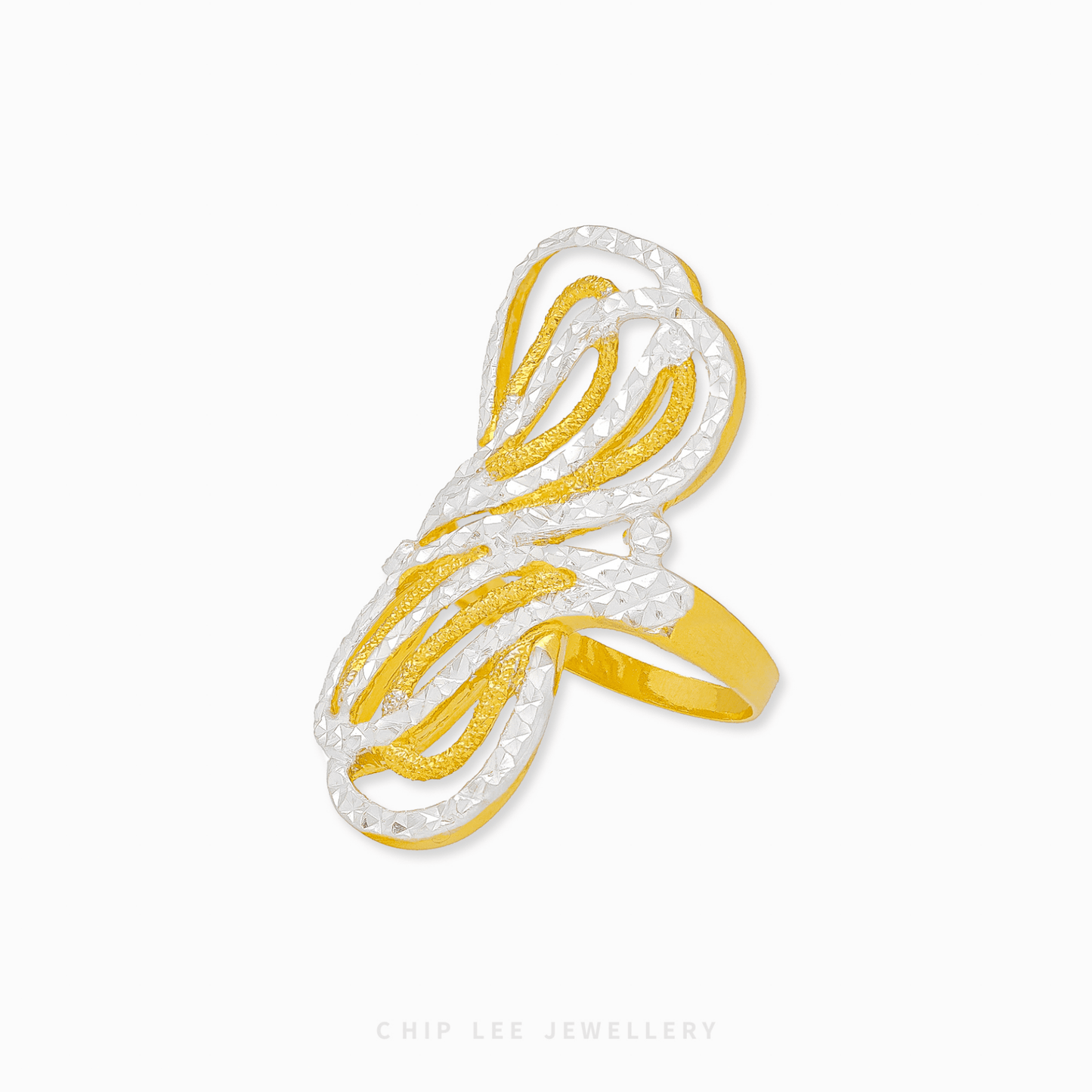 916 Gold Duo Tone Ribbon Weave Ring by Chip Lee Jewellery Singapore. Intertwining two-tone ribbons symbolizing unity, harmony, and eternal love.