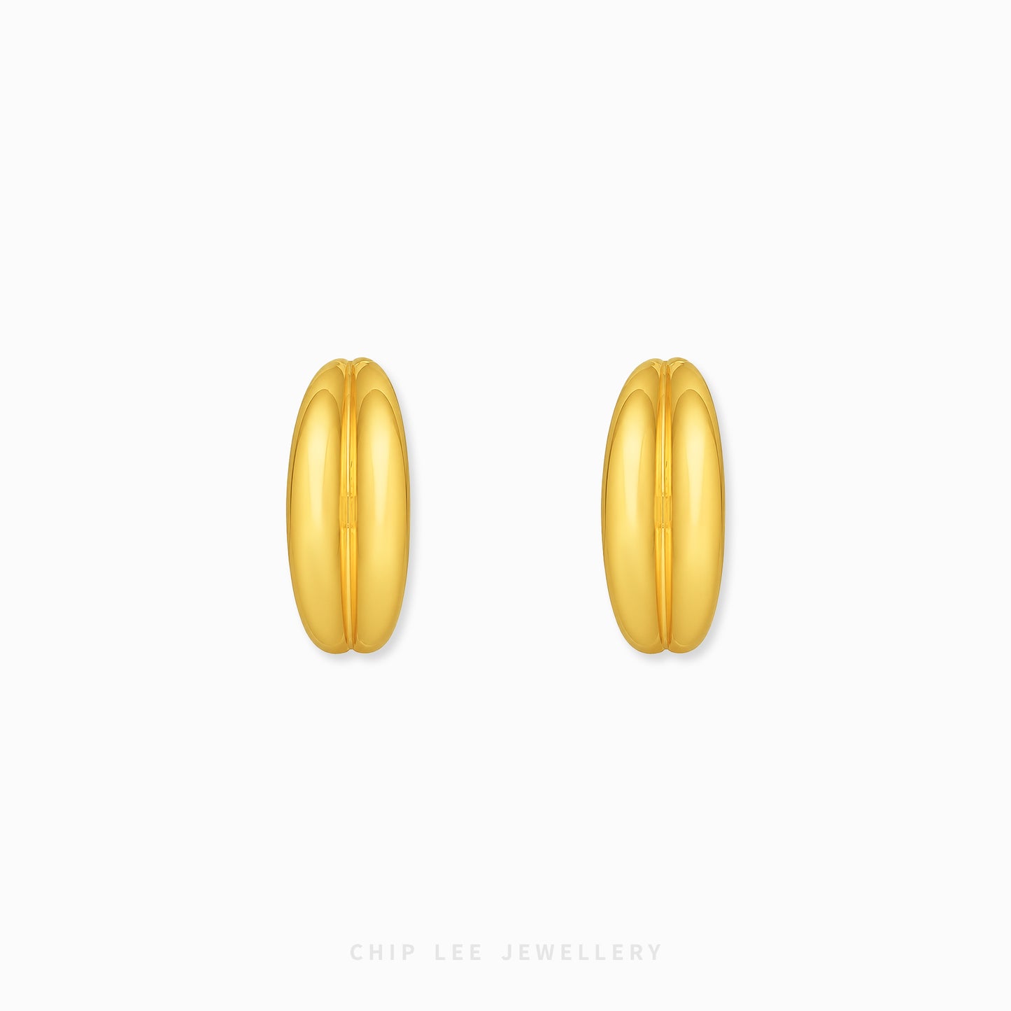 A pair of gold Ridge Curve Earrings , one shown from the front and the other from the side with a post, on a light gray background with the brand name 'CHIP LEE JEWELLERY' at the bottom.