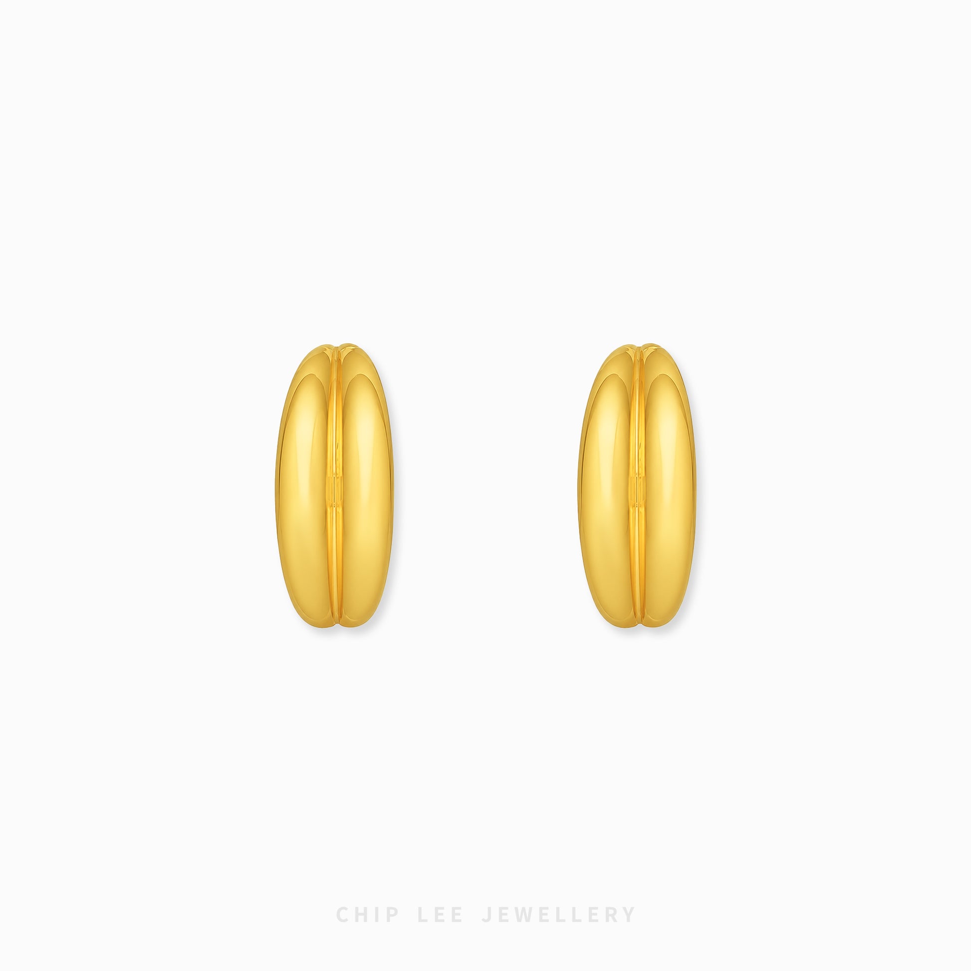 A pair of gold Ridge Curve Earrings , one shown from the front and the other from the side with a post, on a light gray background with the brand name 'CHIP LEE JEWELLERY' at the bottom.