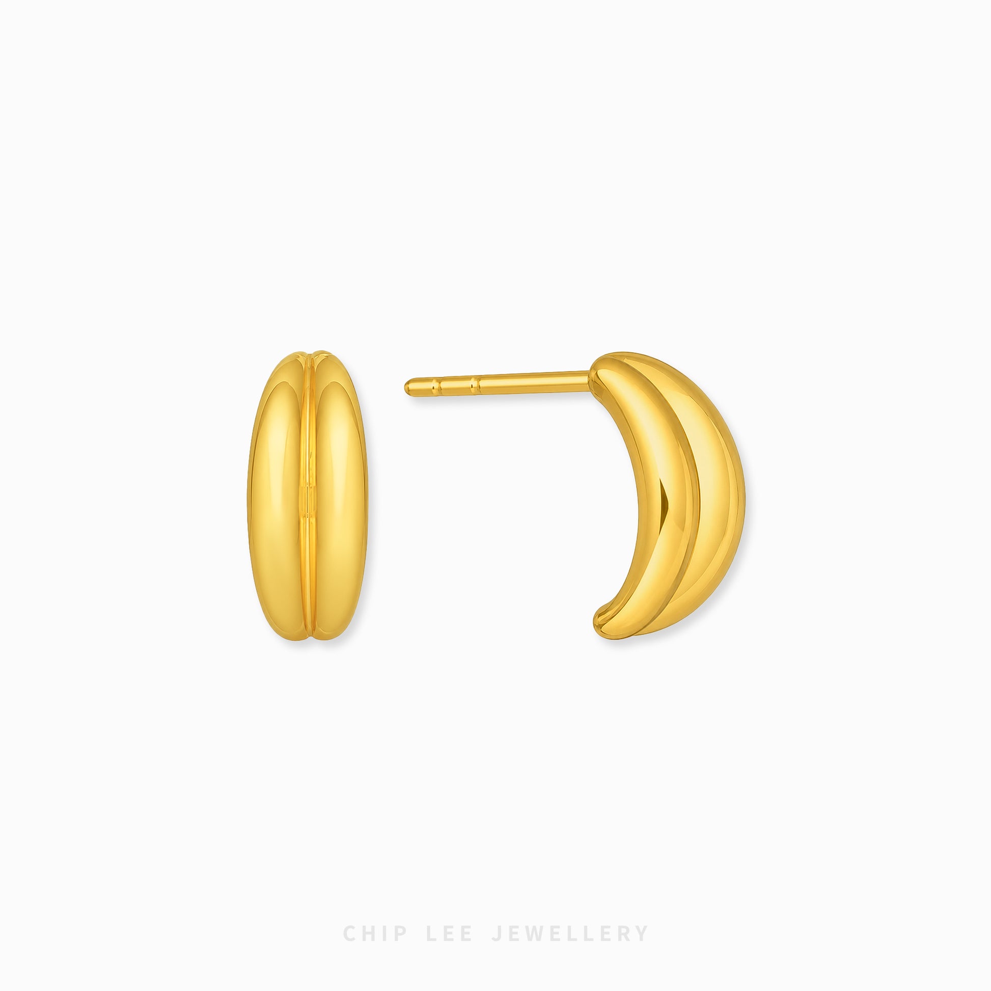 A pair of gold Ridge Curve Earrings , one shown from the front and the other from the side with a post, on a light gray background with the brand name 'CHIP LEE JEWELLERY' at the bottom.