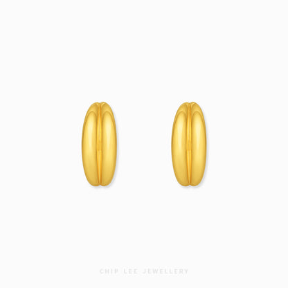 A pair of gold Ridge Curve Earrings , one shown from the front and the other from the side with a post, on a light gray background with the brand name 'CHIP LEE JEWELLERY' at the bottom.