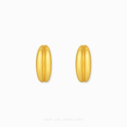 A pair of gold Ridge Curve Earrings , one shown from the front and the other from the side with a post, on a light gray background with the brand name 'CHIP LEE JEWELLERY' at the bottom.