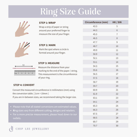 Ring size chart for Chip Lee Jewellery 916 gold rings, guiding customers to find the perfect fit for certified solid gold items.