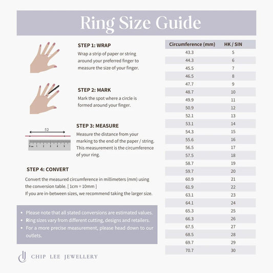 Ring size chart for Chip Lee Jewellery 916 gold rings, guiding customers to find the perfect fit for certified solid gold items.