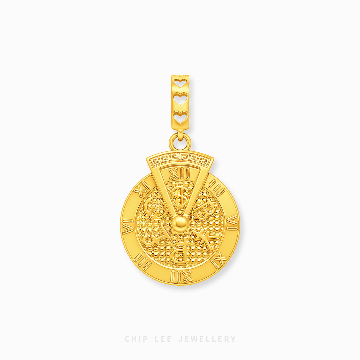 A gold charm featuring a circular wheel design with Roman numerals and a bail decorated with three heart cutouts, shown on a light gray background.