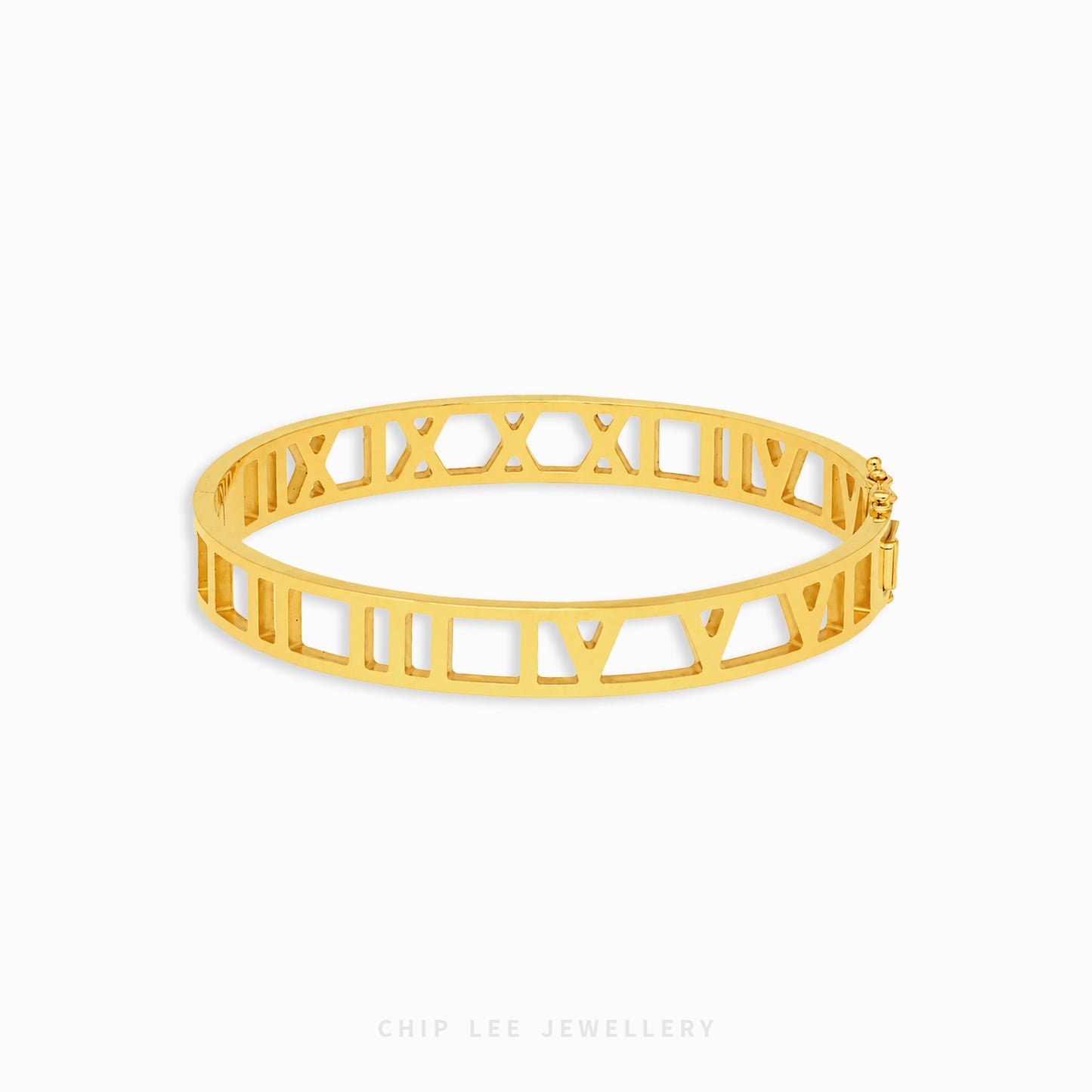 Elegant 22K gold geometric cutwork bangle with modern openwork design and polished finish